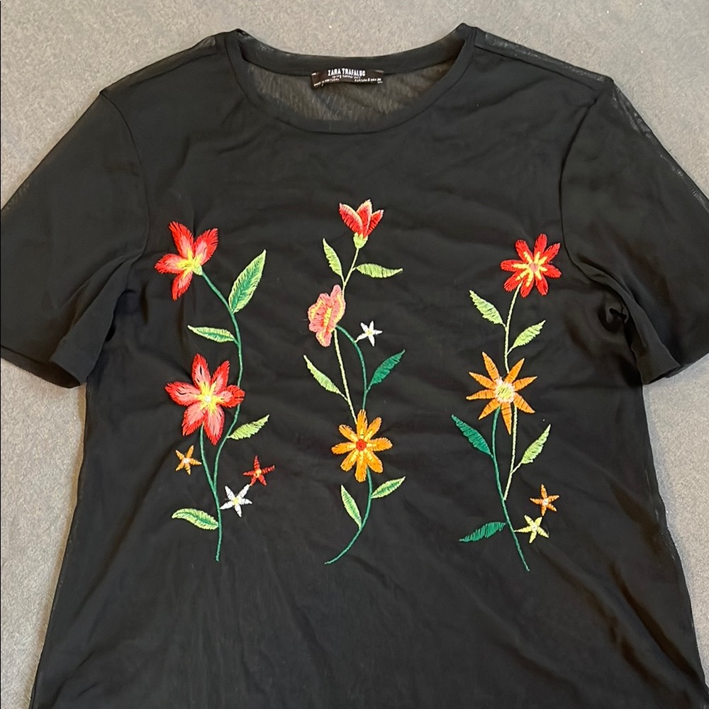 ZARA Floral Embroidered Black Top